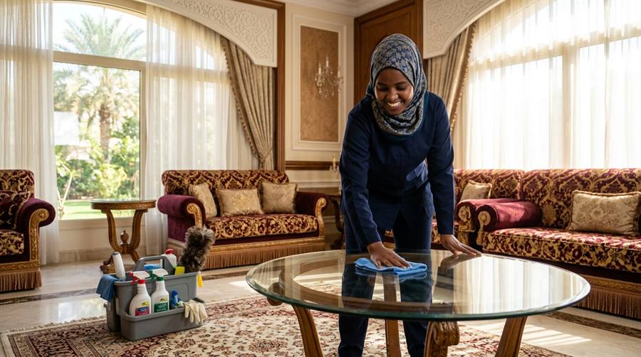 عاملة تنظيف تلمع طاولة زجاجية في مجلس فيلا فاخرة