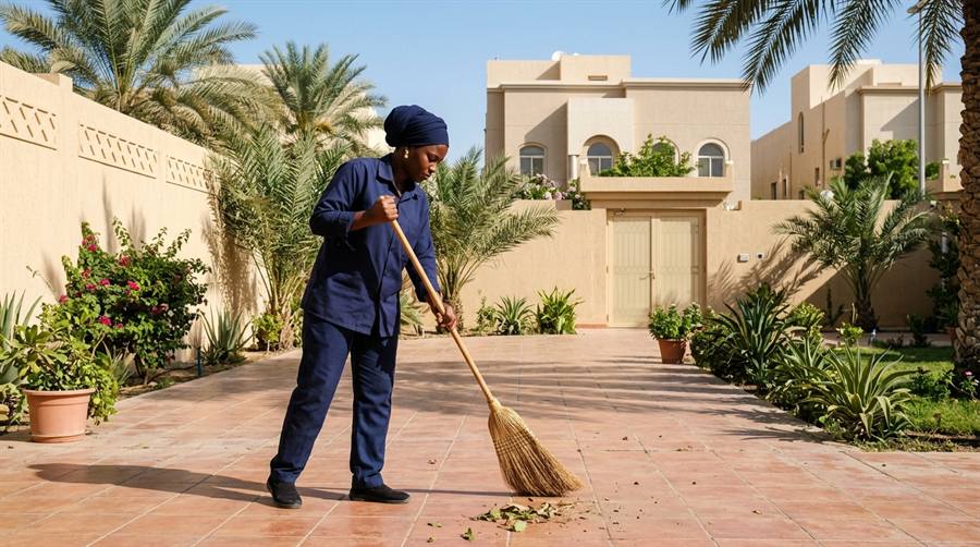 عاملة تكنس فناء فيلا سكنية في الرياض